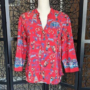 Josie Small pinky red Chinese woman houses printed 3/4 sleeve button up blouse